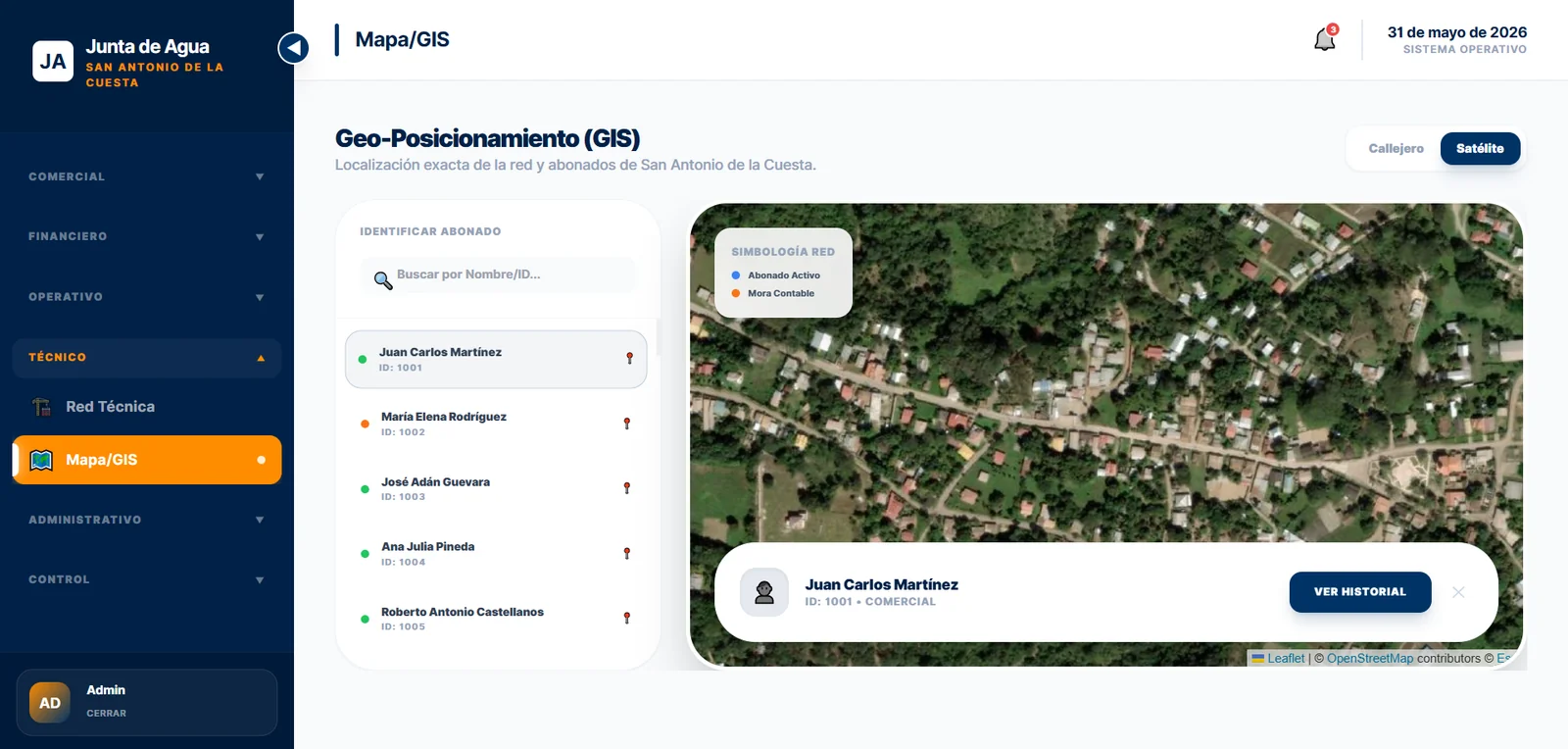 Junta de Agua: Sistema de Catastro GIS, Red Técnica & Facturación Comercial - Mapa GIS & Geo-Posicionamiento de Red